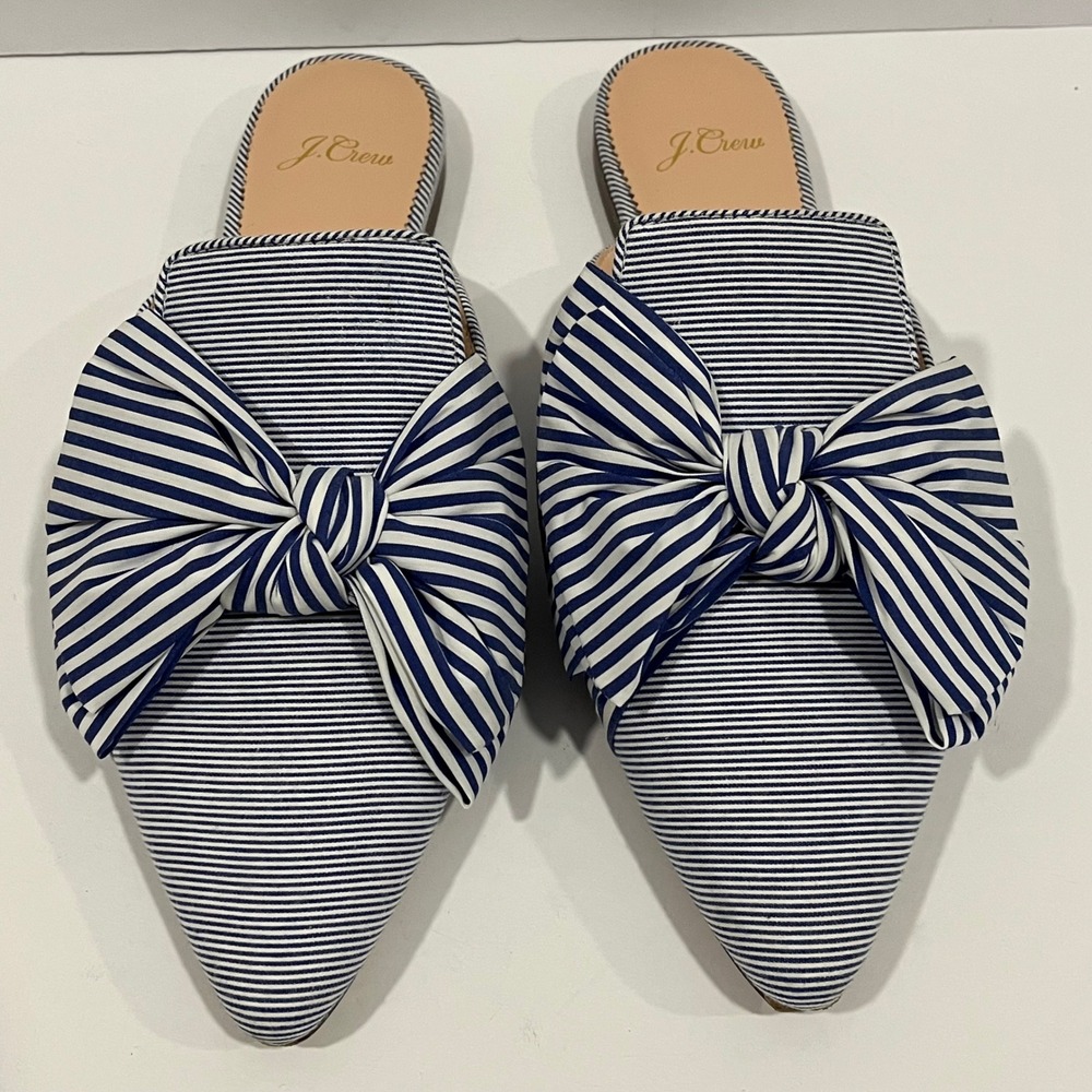 J.Crew Womens Blue White Striped Bow Pointed Toe Mules Flats Size 8.5